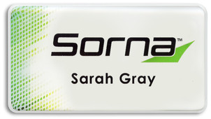 A regal name badge with white background with the leyend: "Sorna Sara Gray"